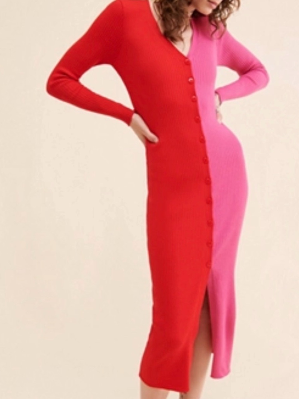 Nanette Lepore Red and Pink Two-Tone Midi Knit Dress